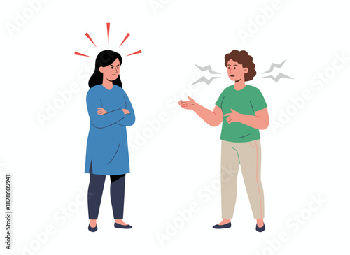 A vector flat illustration depicts a young woman, portrayed as an abuser, speaking with an offended girl amid a conflict, showing the quarrel between two female friends on a white background and