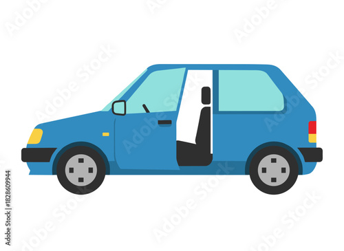 A blue hatchback seen from the side with its door open, depicted as a modern, flat cartoon vector illustration on a white background