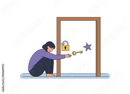 Learned helplessness, a psychological concept, depicts a person who refuses or rejects help and ignores solutions to their problems, characterized by ignorance and rejection, illustrated as a flat