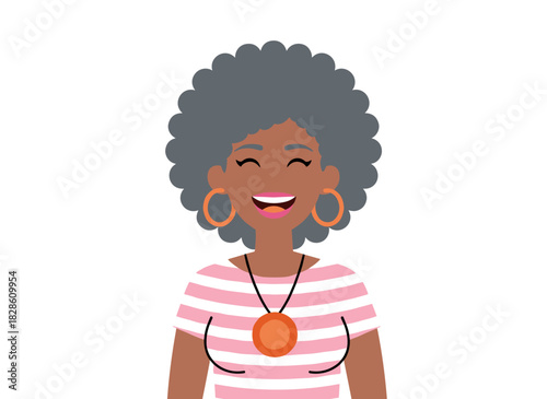 Portrait of an elderly black woman, smiling happily, laughing, with curly gray hair and accessories, exuding positivity; a flat vector illustration set against a white background