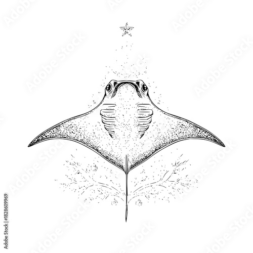 Illustration of a manta ray viewed from below with a small star above it in black and white style