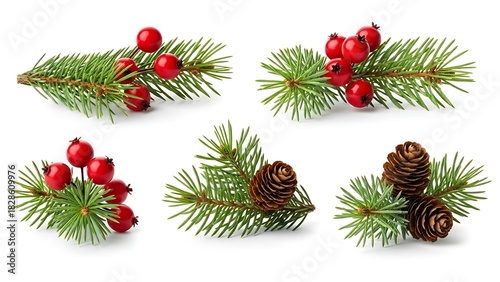 Holiday pine sprigs with red berries and pinecones on white background for seasonal decor.