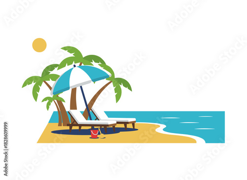 A luxurious sandy beach, a seaside resort with two chaise longues and deck chairs, featuring a private premium seacoast that offers empty personal sunbeds and an umbrella in summer, depicted as a