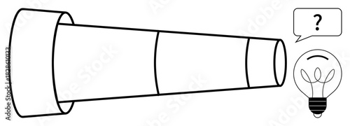 Telescope pointing towards a light bulb with a speech bubble containing a question mark. Ideal for innovation, exploration, insight, creativity, problem-solving, discovery, analysis. Minimalist flat