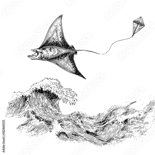Illustration of a manta ray flying above a large wave with a kite trailing behind it in black and white