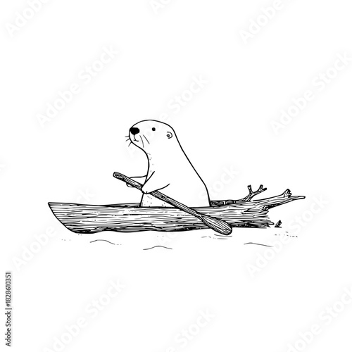 An otter is paddling a boat made of wood and branches on the water in a black and white illustration