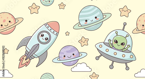 Cute cartoon space seamless pattern with planets rockets and aliens.