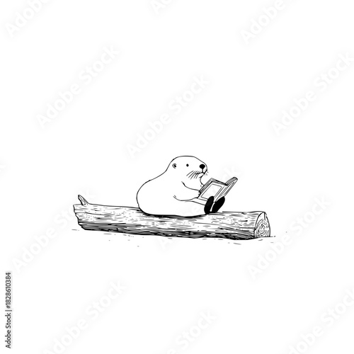 Illustration of an otter sitting on a log while reading a book with a simple black and white style