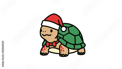 Festive Turtle Whimsical Holiday Illustration of a Turtle Wearing a Santa Hat and Bowtie