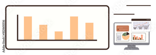 Bar chart presenting data trends, paired with a detailed analytics dashboard on a computer. Ideal for business, data analysis, technology, marketing, finance, education and research. Simple flat