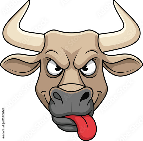 Angry cartoon bull head illustration, fierce expression with red tongue, humorous mascot design, bold animal vector, playful graphic character
