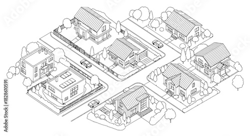 Isometric neighborhood with houses and trees.