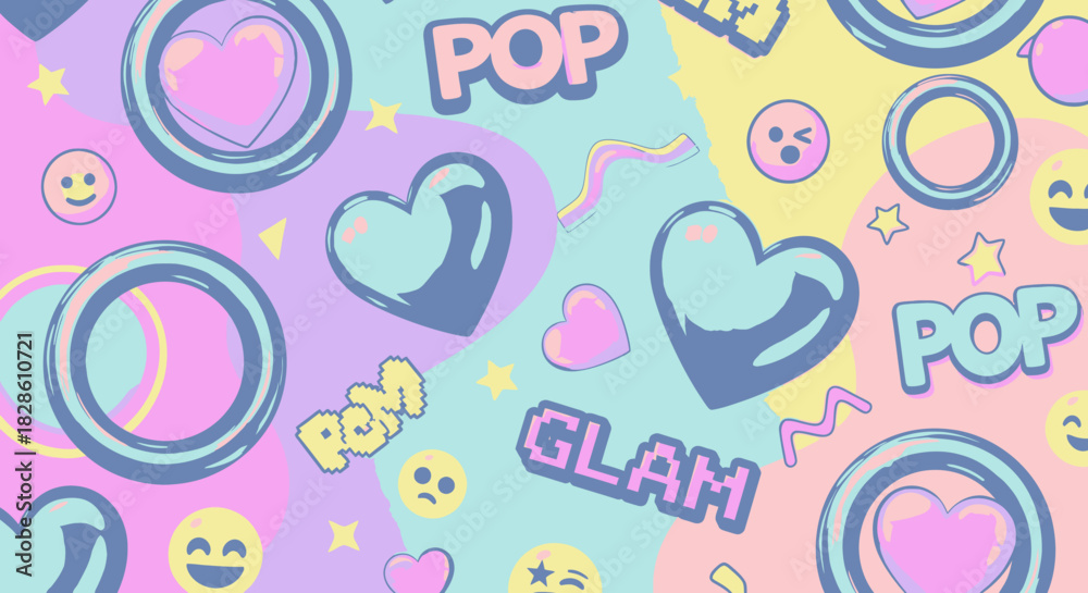 Fototapeta premium Pop Glam Hearts and Emojis Seamless Pattern.