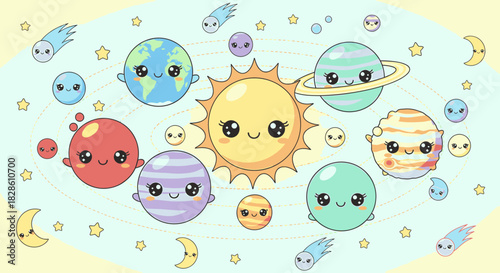 Cute Cartoon Solar System with Adorable Planets and Sun.
