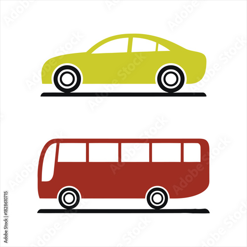 Simple vector illustration set of a green passenger car and a red public bus, representing ground transportation and travel concepts
