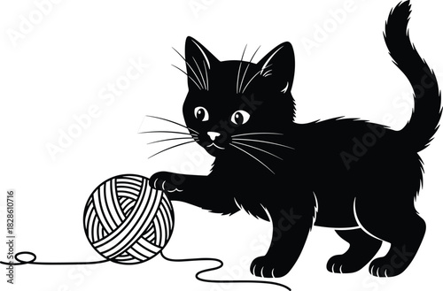 Cute black kitten playing with yarn ball silhouette vector illustration isolated on white background for pet shop logo or graphic design