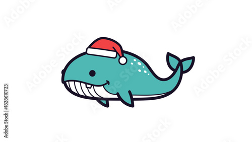 Festive Whale with Santa Hat A Cheerful Aquatic Holiday Illustration for Festive Designs