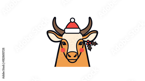 Festive Cow Illustration with Christmas Hat & Holly, Celebrating the Year of the Ox