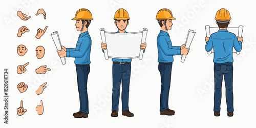 Professional Civil Engineer Character Builder — Hard Hat Architect with Blueprint, Multi-View Construction Worker Vector Kit with Modular Poses and Animation-Ready Body Parts