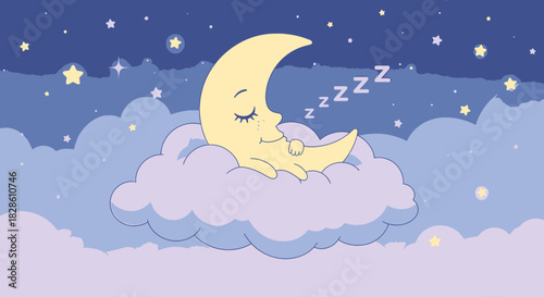 Sleeping crescent moon on a soft cloud in a starry night sky.