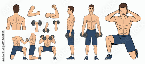 Athletic Fitness Trainer Character Kit — Dumbbell Workout Man in Sportswear, Multi-Angle Full Body Vector Builder with Interchangeable Poses and Animation-Ready Parts
