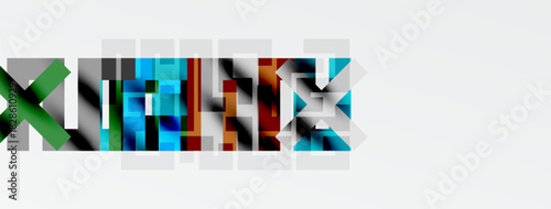 Abstract graphic design features colorful blocks forming text. White background contrasts with dark borders. Minimalist style, modern aesthetic.