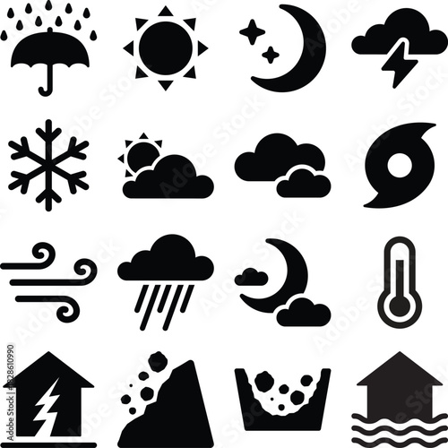 Weather and natural disaster icon pack in solid glyph style. Includes sun, rain, storm, wind, snow, thermometer, floods, landslides, hurricane, and night sky symbols.