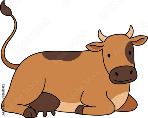 Cartoon cow vector illustration, brown lying cow with gentle expression, stylized farm animal design, kids clipart artwork, educational character
