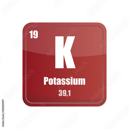 Potassium chemical element tile. Atomic number nineteen. K sign Vector icon. Dark red square shape.