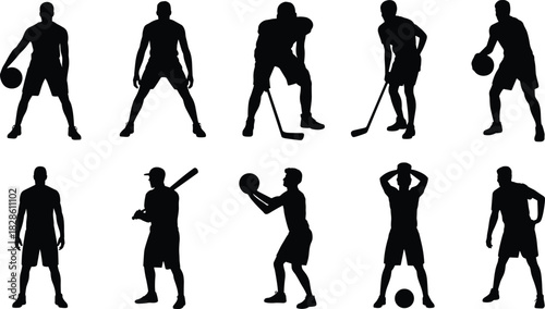 Sports silhouettes, athletic poses, basketball dribble, hockey stance, baseball swing, soccer figure, black outline, athlete gesture, motion study, sports variety