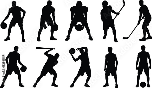 Sports silhouettes, athletic poses, basketball action, football stance, hockey players, baseball swing, dynamic movement, black outline, athlete gesture, motion study