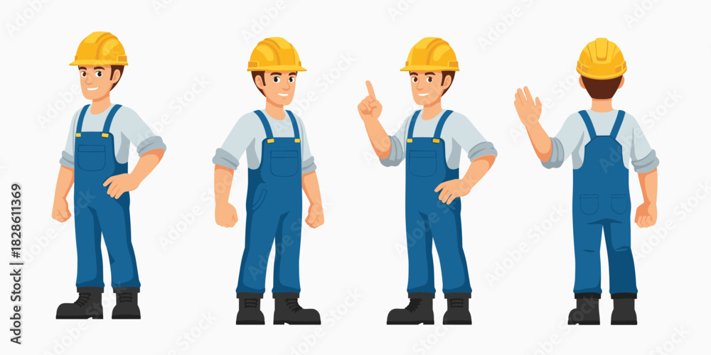 Obraz premium Professional Civil Engineer Character Pack — Hard Hat Worker with Blueprints and Clipboard, Multi-Angle Full Body Vector Builder with Modular Poses