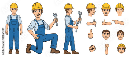Professional Plumber Character Pack  Uniformed Male Worker with Wrench, Pipe Tools, and Toolbox, Multi-Angle Full Body Vector Kit with Modular Poses and Animation-Ready Parts