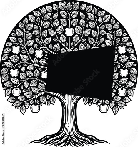 Decorative apple tree vector illustration with black banner space, vintage woodcut style, roots and leaves, nature orchard fruit plant sketch, isolated on white background