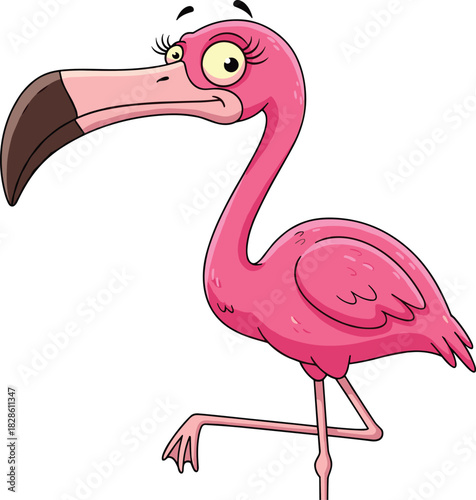 Cartoon flamingo vector illustration, pink bird character, expressive eyes, whimsical animal pose, tropical design, kids clipart, playful summer artwork