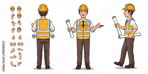 Civil Engineer Character Kit — Hard Hat Professional Using Tablet, Multi-View Full Body Vector Pack with Modular Poses and Animation-Ready Parts