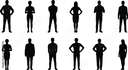 Standing silhouettes, male and female poses, casual gestures, hands on hips, arms crossed, black outline, posture study, gesture reference, body language, character stance