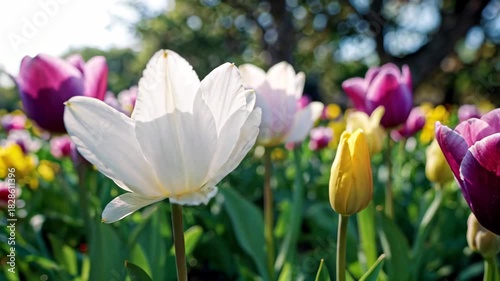 Blooming colorful tulip bushes