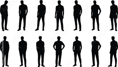 Standing silhouettes, male posture, gesture variety, arm positions, leg stance, black outline, character design, motion study, body language, pose reference