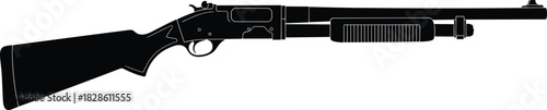 Detailed black pump action shotgun silhouette vector illustration isolated on white background for hunting sport or tactical weapon logo design