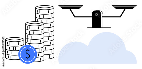 Coin stacks symbolize wealth, scales suggest balance and fairness, cloud implies abstract or digital context. Ideal for finance, economy, equality, justice, digital resources, investment stability