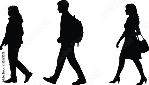 Walking silhouette, casual and formal attire, backpack figure, handbag pose, motion gesture, lifestyle, fashion, urban style, diversity, posture
