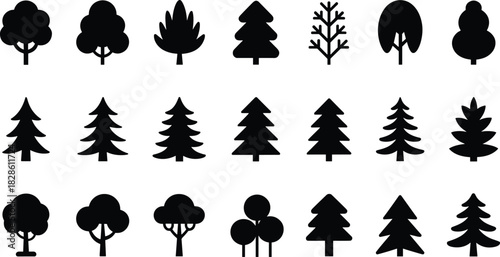 Tree silhouettes, stylized trees, botanical shapes, coniferous outline, deciduous form, abstract foliage, black design, nature icons, forest elements, environmental illustration