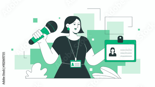 woman with a microphone and id badge, vector illustration for event hosting, press interviews, and conference registration