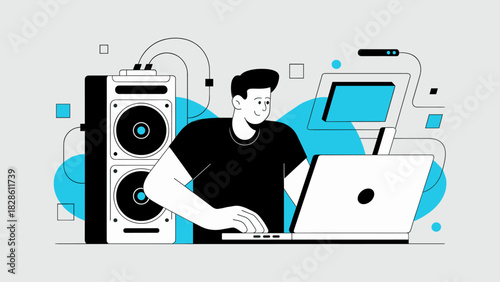 sound engineer working on a laptop connected to a speaker system vector illustration 