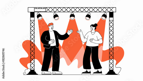 two comedians performing on stage under spotlights vector illustration 