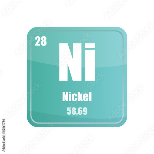 Nickel chemical element tile. Atomic number twenty eight. Ni sign Vector icon. Teal green square shape.