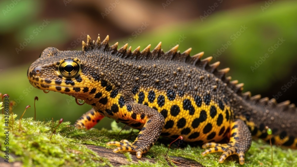 Fototapeta premium A close-up of a newt with a green and yellow spotted skin on a mossy surface.