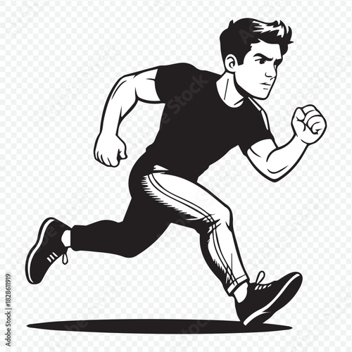 Dynamic illustration of a determined runner sprinting with power and focus, perfect for fitness, sports, or motivational themes, black and white style