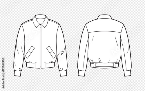 Classic bomber jacket technical sketch for fashion design layouts, perfect for stylish apparel mockups and innovative clothing line development, a timeless style icon
